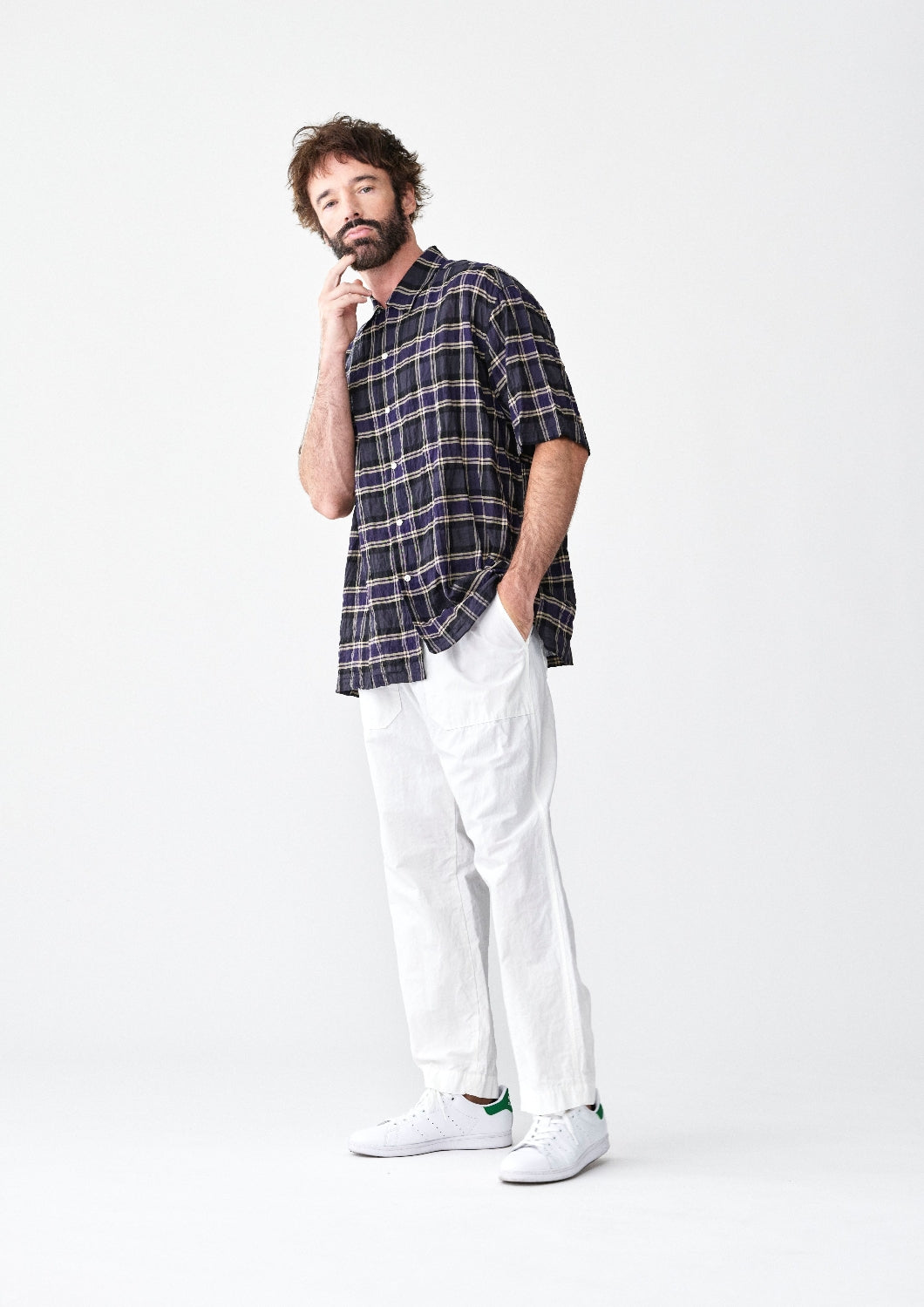 Shirring Check Short Sleeve Open Collar Shirt Navy – M5 SHOP Shirring Check Short Sleeve Open Collar Shirt Navy – M5 SHOP