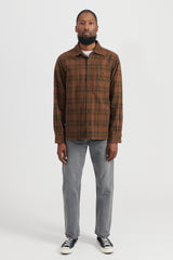 Brushed Plaid Cotton Asymmetric Work Shirt - Brown