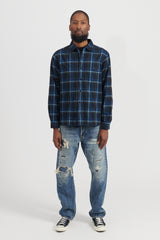 Brushed Plaid Cotton Asymmetric Work Shirt - Navy