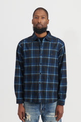 Brushed Plaid Cotton Asymmetric Work Shirt - Navy