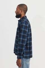Brushed Plaid Cotton Asymmetric Work Shirt - Navy