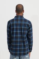 Brushed Plaid Cotton Asymmetric Work Shirt - Navy