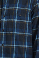 Brushed Plaid Cotton Asymmetric Work Shirt - Navy