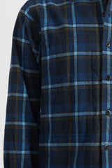 Brushed Plaid Cotton Asymmetric Work Shirt - Navy