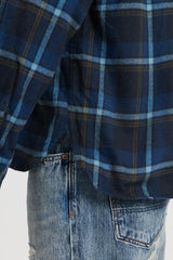 Brushed Plaid Cotton Asymmetric Work Shirt - Navy