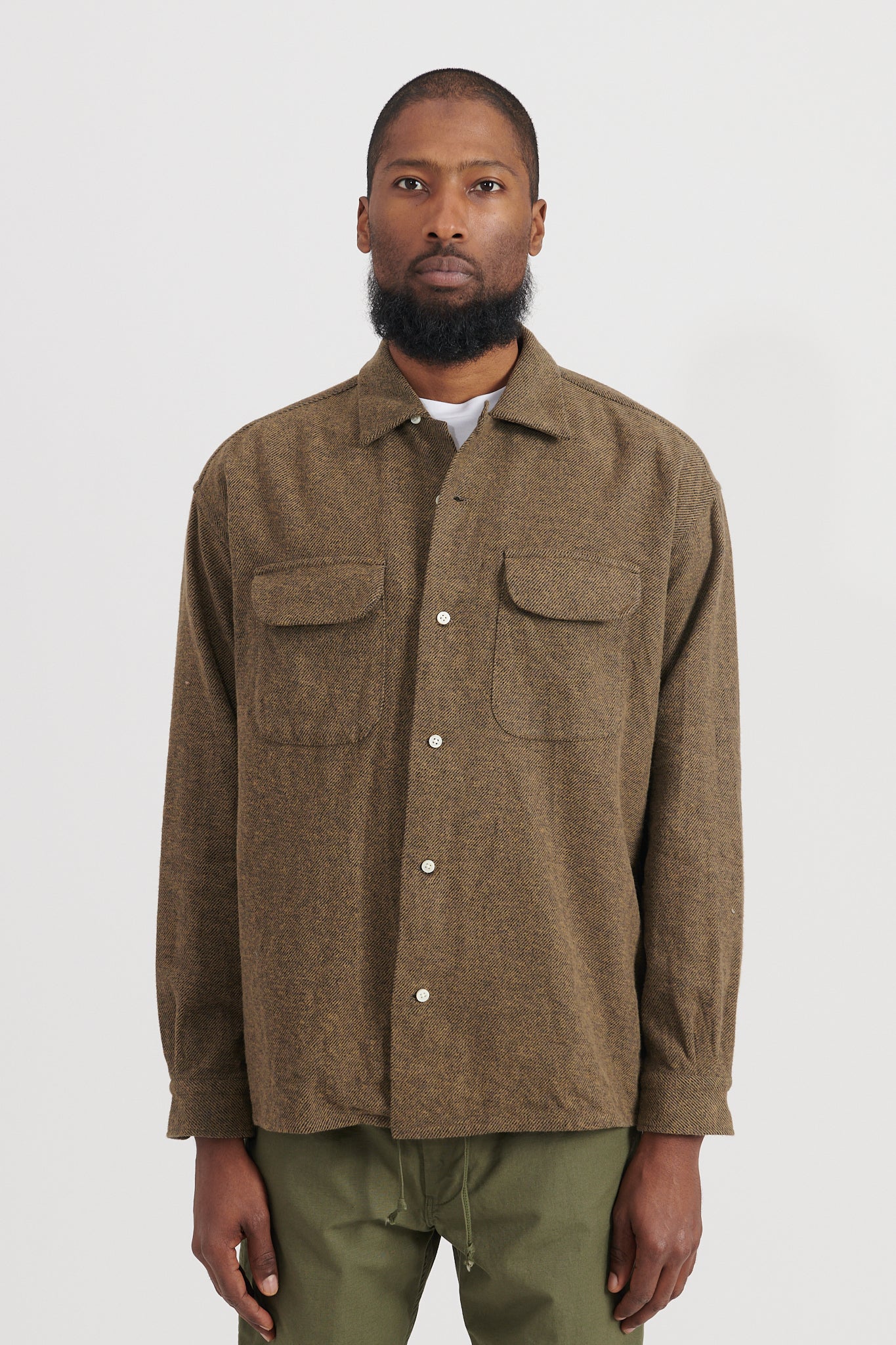 Mixed Color Twill Round Pocket Baggy Shirt - Khaki