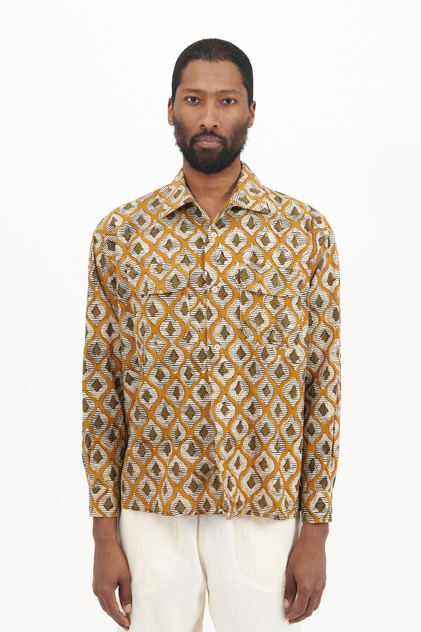 Ethnic Print Round Flap Pocket Shirt - Khaki