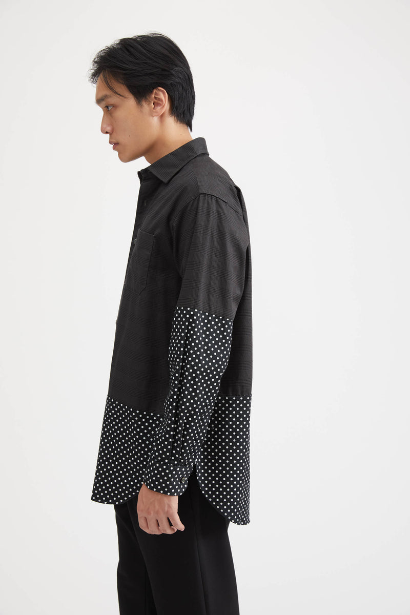 Spread Collar Shirt Twill Printed Glen Plaid - Grey