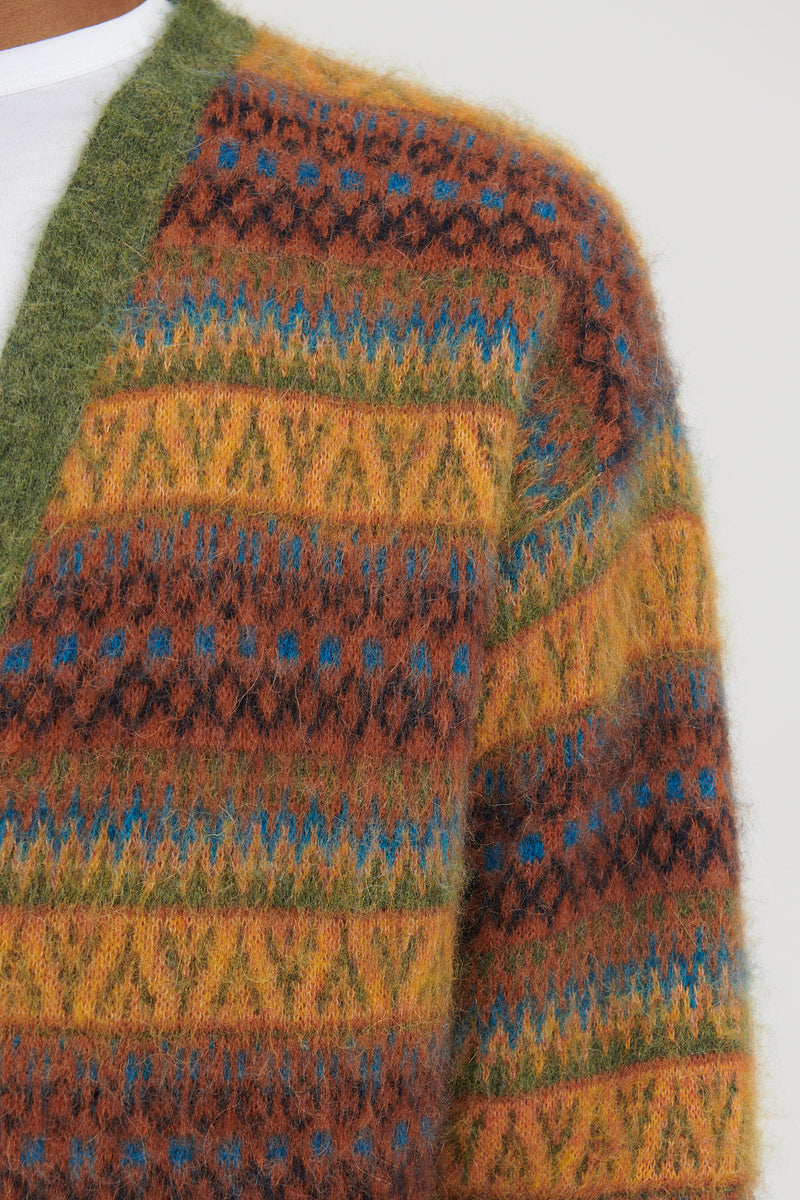Cardigan Vintage Jacquard Brushed Alpaca - Tobacco/Green