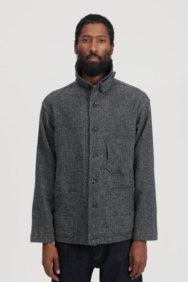 Shawl Collar Utility Jacket Poly Wool Herringbone - Grey