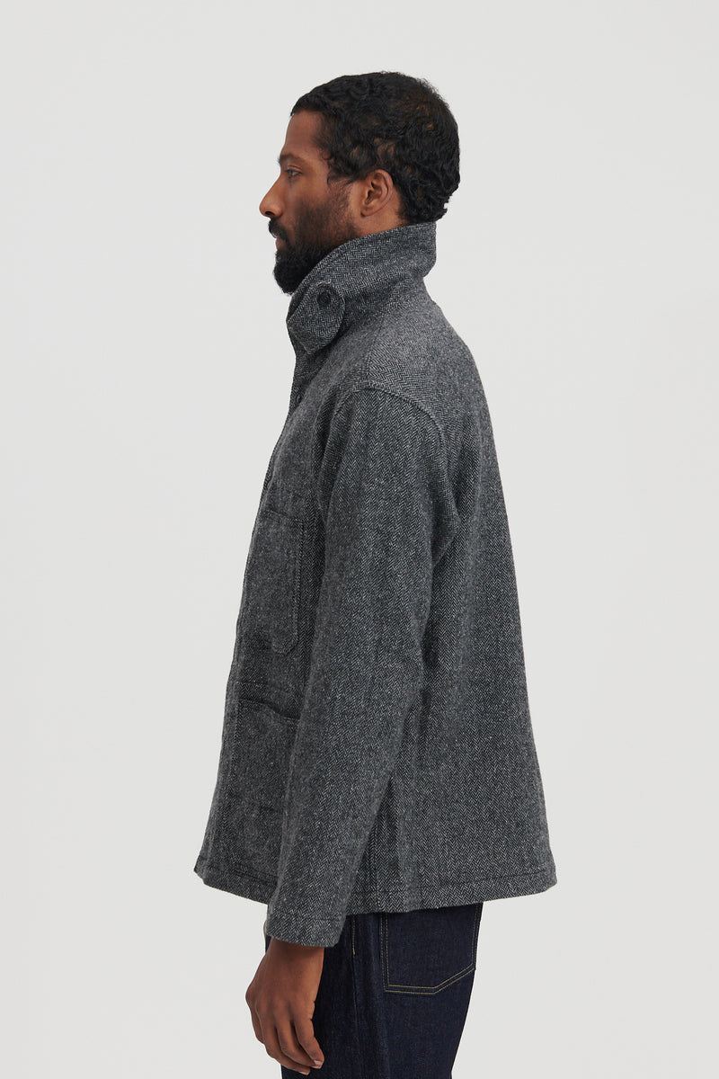 Shawl Collar Utility Jacket Poly Wool Herringbone - Grey