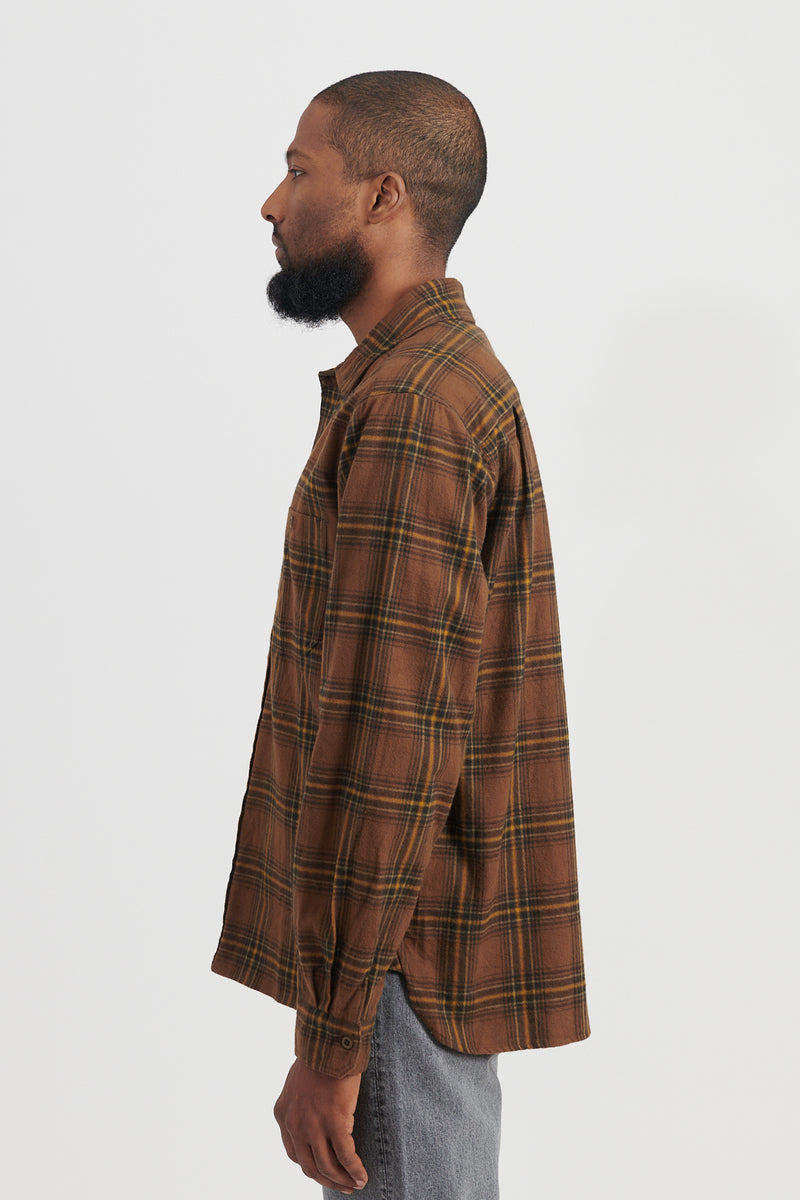 Brushed Plaid Cotton Asymmetric Work Shirt - Brown