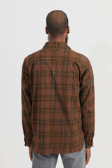 Brushed Plaid Cotton Asymmetric Work Shirt - Brown