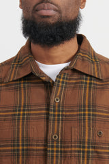 Brushed Plaid Cotton Asymmetric Work Shirt - Brown