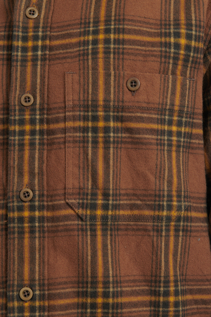 Brushed Plaid Cotton Asymmetric Work Shirt - Brown