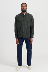 Mixed Color Twill Round Pocket Baggy Shirt - Green