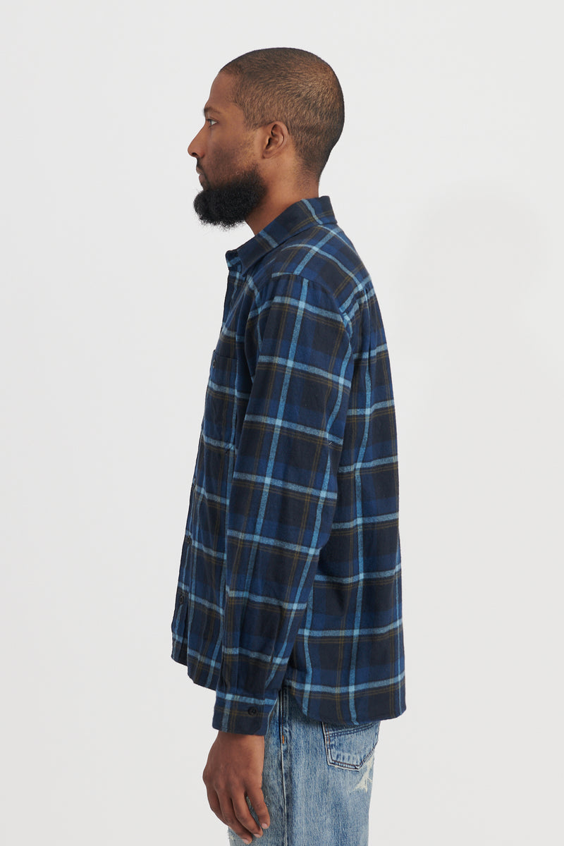 Brushed Plaid Cotton Asymmetric Work Shirt - Navy