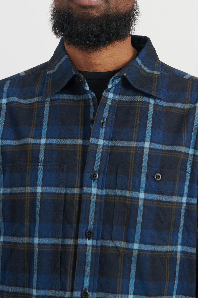 Brushed Plaid Cotton Asymmetric Work Shirt - Navy