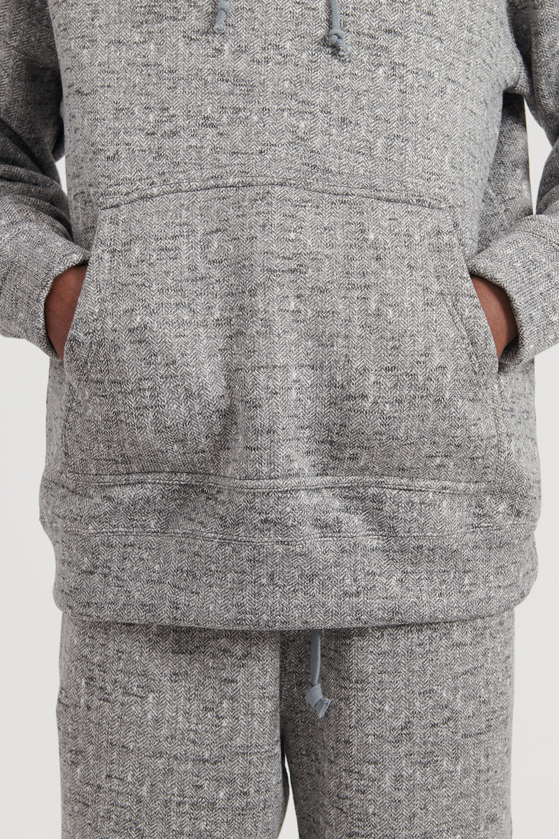 Brushed Herringbone Print Jersey Oversized Hooded Parka - Grey
