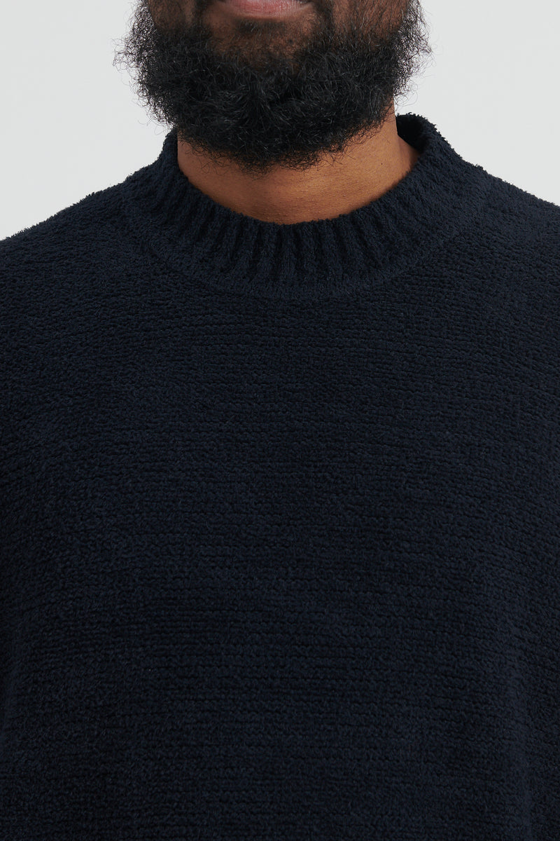 530A6 Cotton Nylon Fancy Yarn Crewneck Knit - Navy Blue
