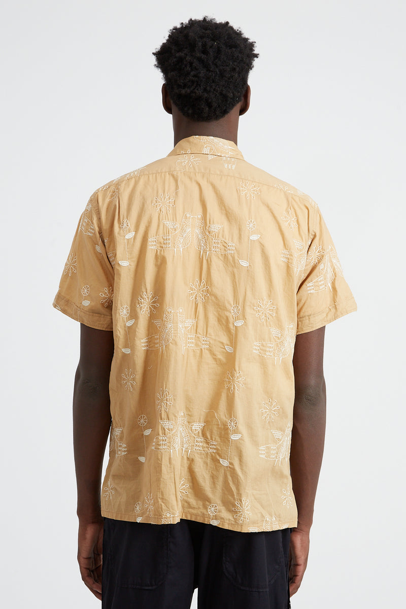 Camp Shirt Bird Embroidery Cotton Sheeting - Khaki