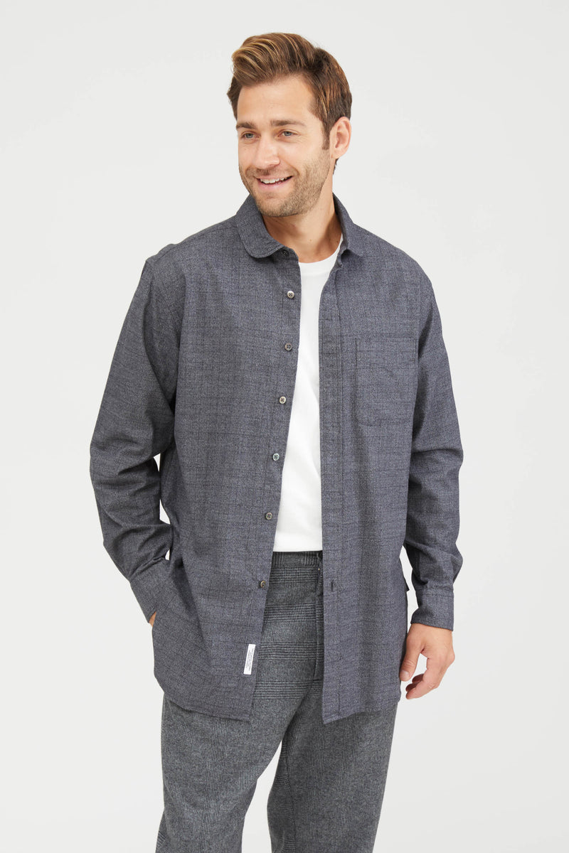 Rounded Collar Shirt Cotton Glen Plaid - Grey