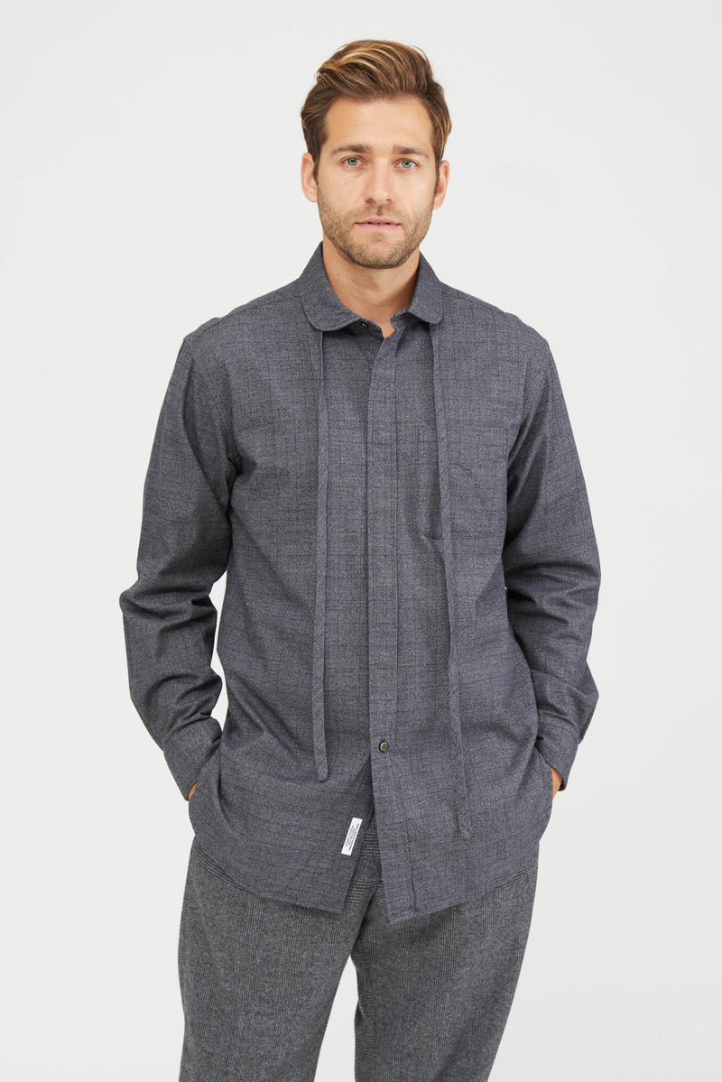 Rounded Collar Shirt Cotton Glen Plaid - Grey