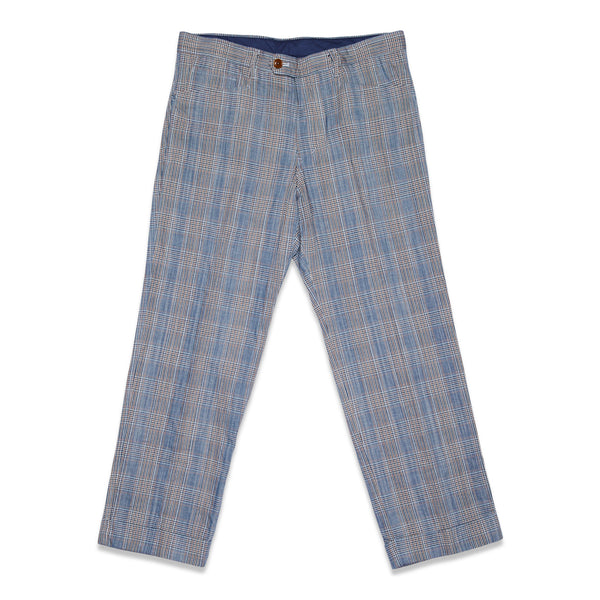 Glen Plaid Cotton Linen L-Pocket Pants - Blue