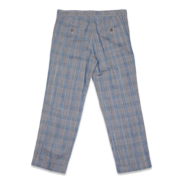 Glen Plaid Cotton Linen L-Pocket Pants - Blue